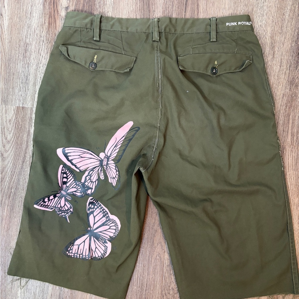 Punk Royal Olive Long shorts with Pink Butterfly Motif.